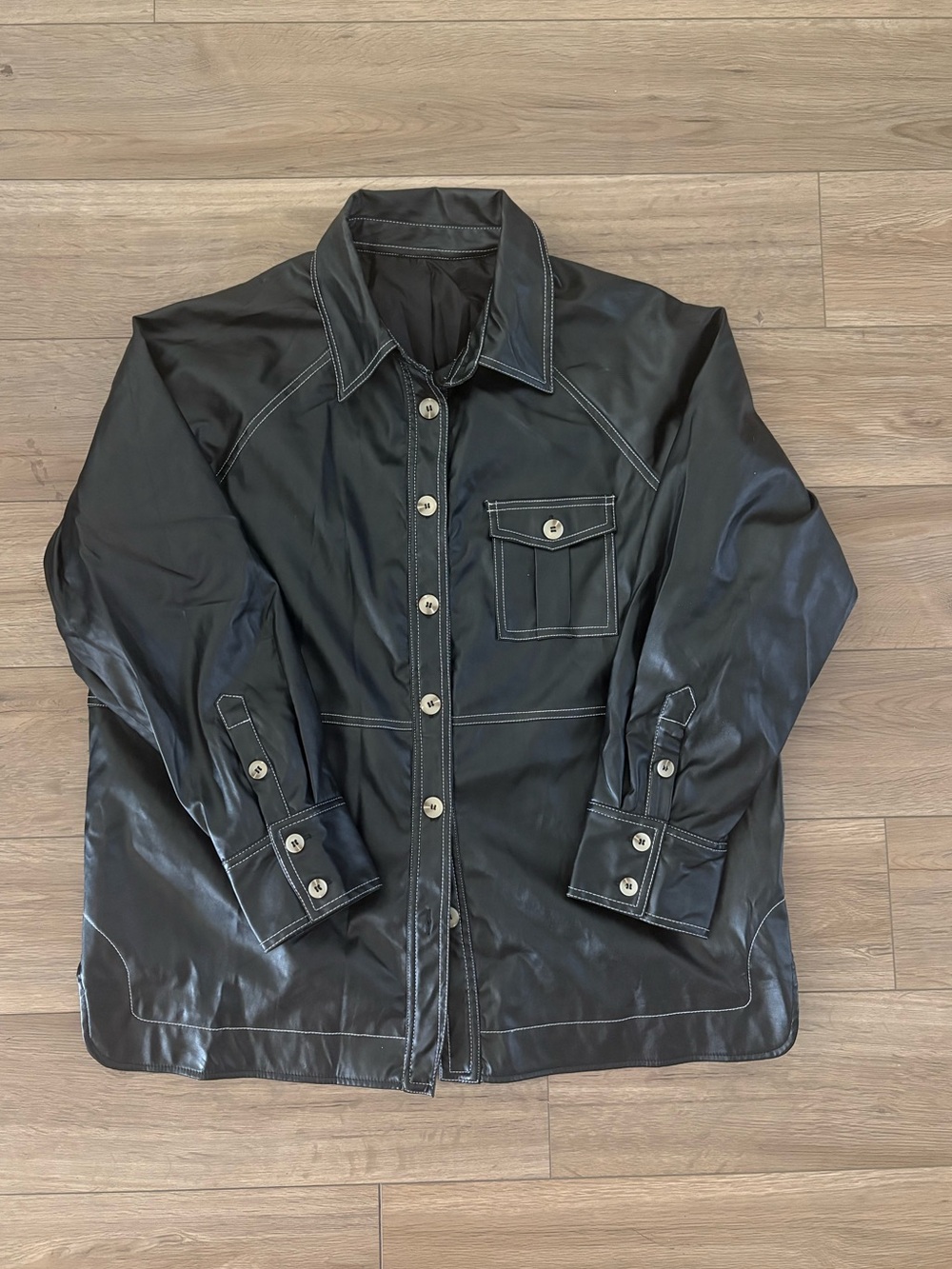 Black Faux Leather Button Down Jacket